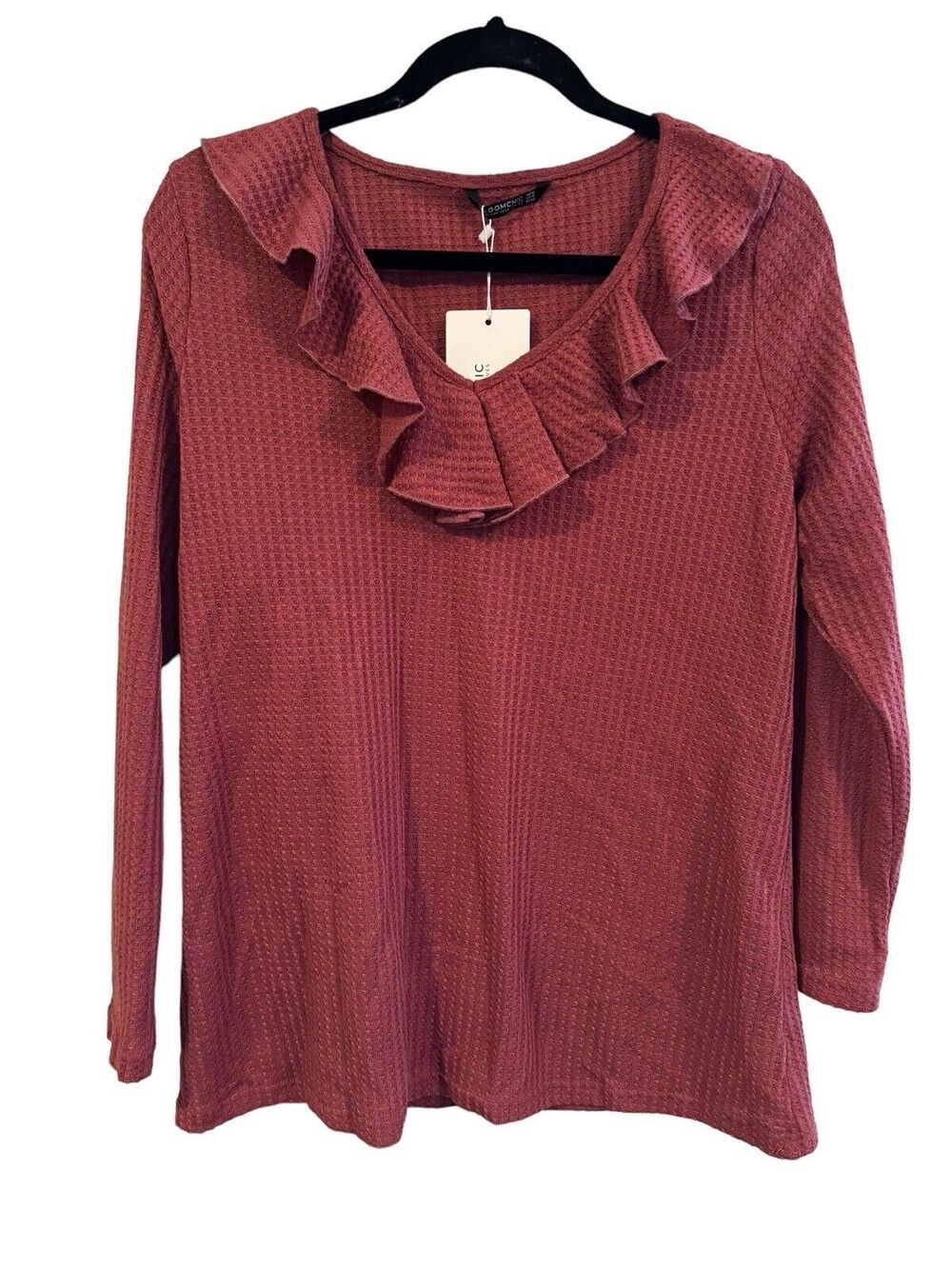 Bloomchic 10 Waffle Ruffle Vneck Top Maroon Pullover Long Sleeve NWT #1971